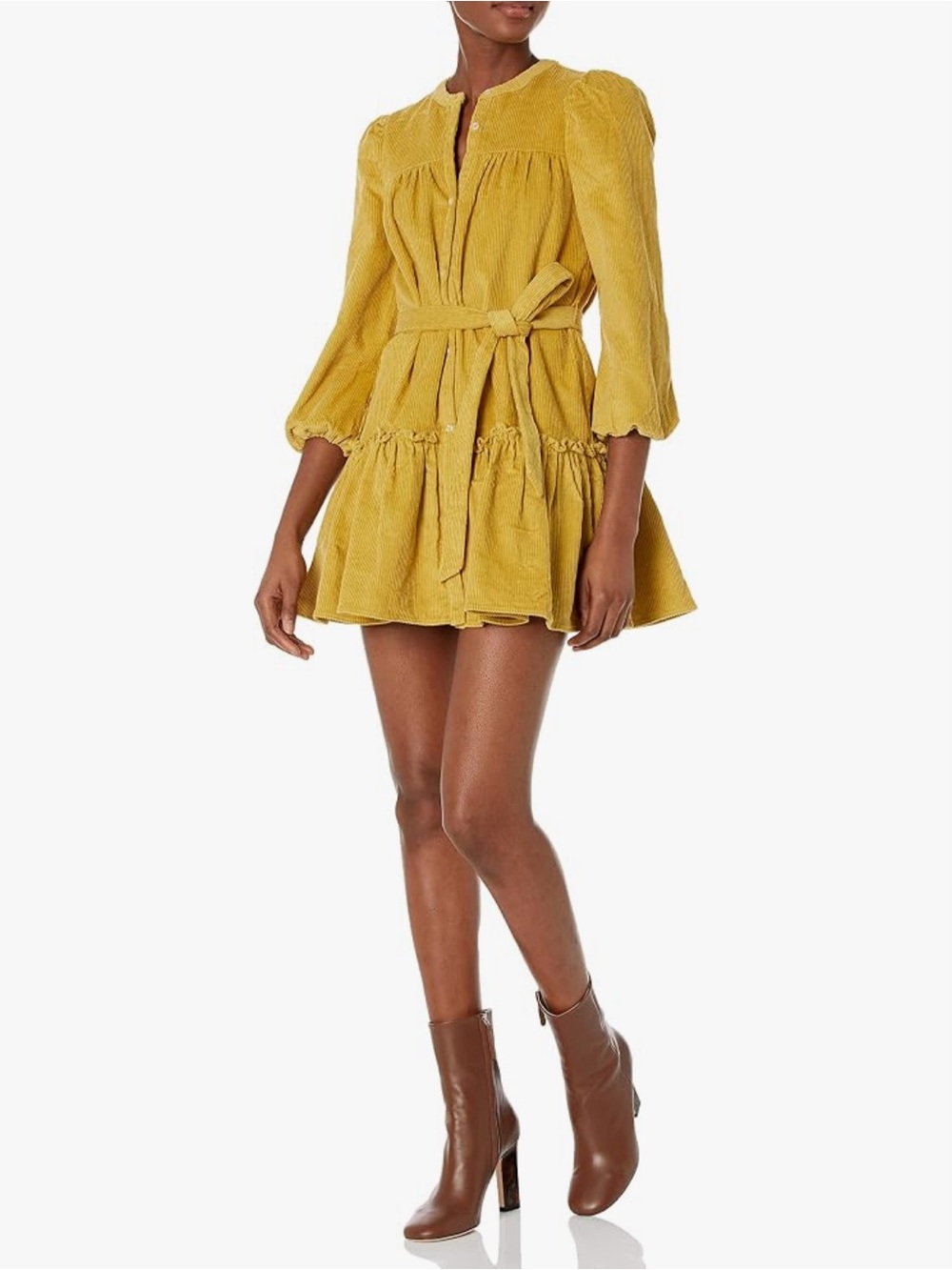 LIKELY Revolve Women's Lanie Dress Yellow Corduroy Long Sleeve 0